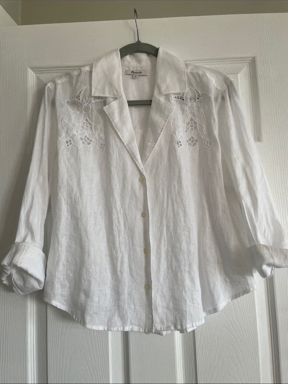 Madewell White Linen Button-Front Top with Floral Cutwork